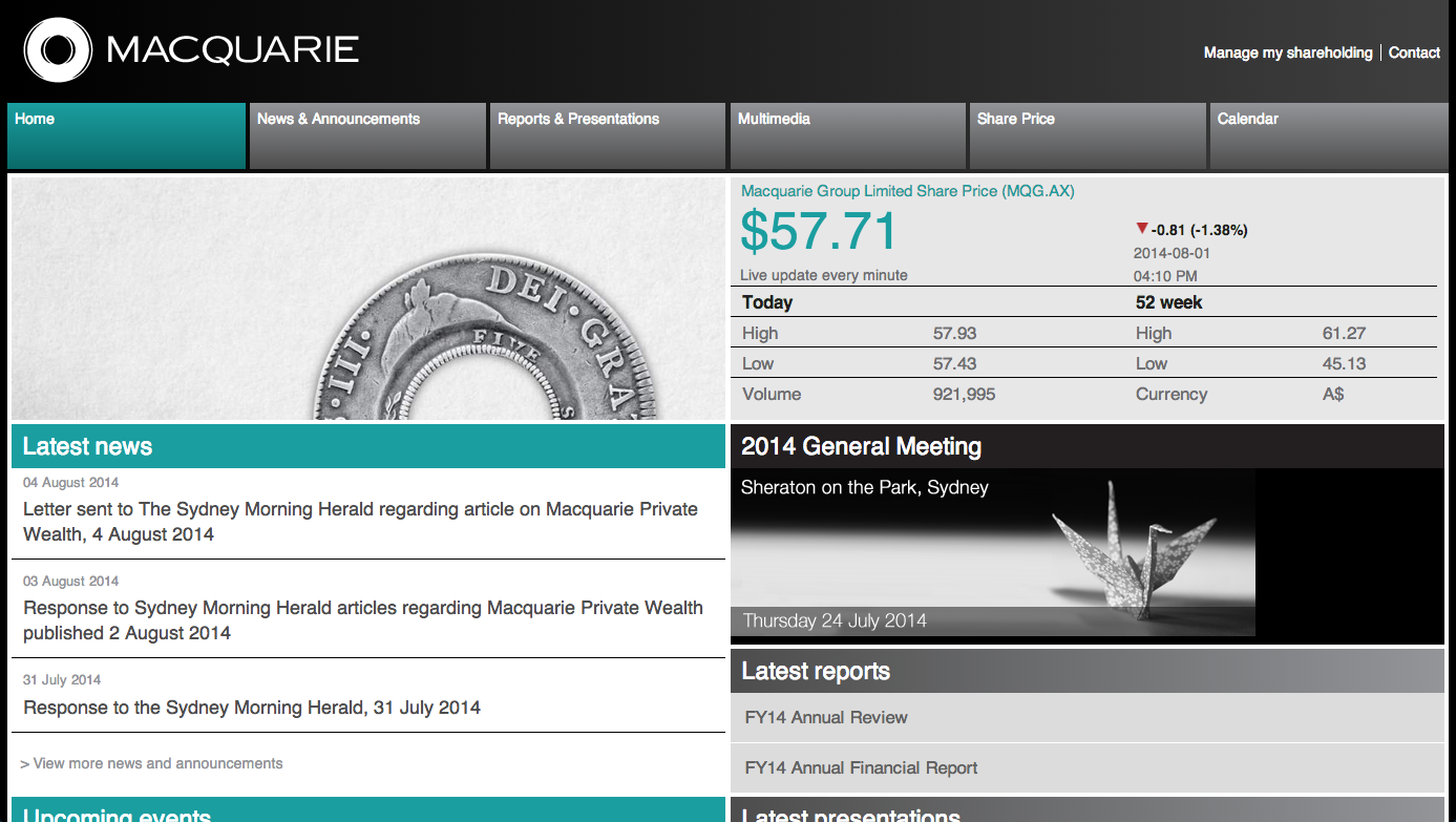 Screenshot of Investor Relations site with share price, news feed and investor reports.